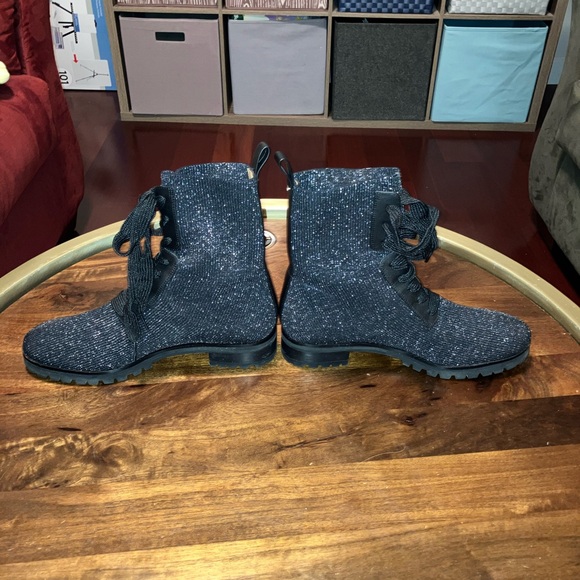 Kate Spade Merigue Shimmery Rib Knit Lug Sole Combat Boots Gunmetal Black US 10 - Picture 2 of 7